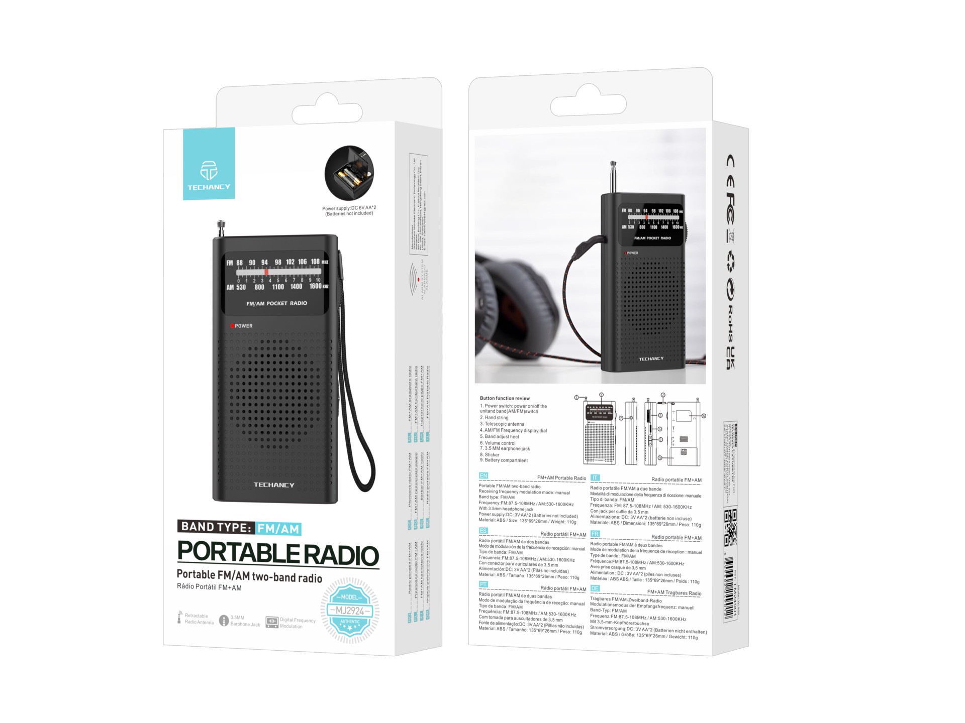 Techancy MJ2924 Radio portatil FM AM com sintonia manual entrada fone 3.5mm pilhas AA*2 nao incluida