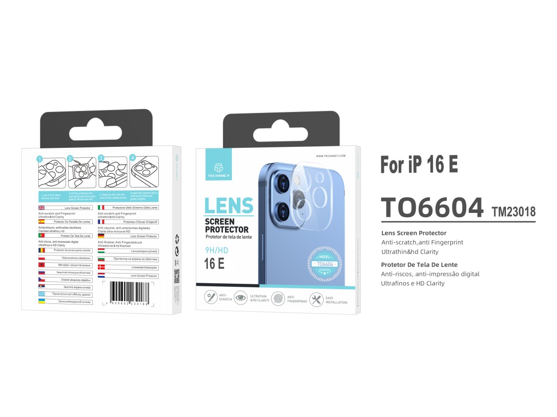 Techancy Protetor de Lente para iPhone 16 e TO6604 9H Anti Riscos Impressao HD Transparente