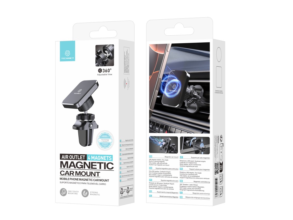 Techancy TI2339 Magnetic Car Mount, 360 Degree Grill Mount, 4 Strong, Stable, Non-Slip Magnets, Blac