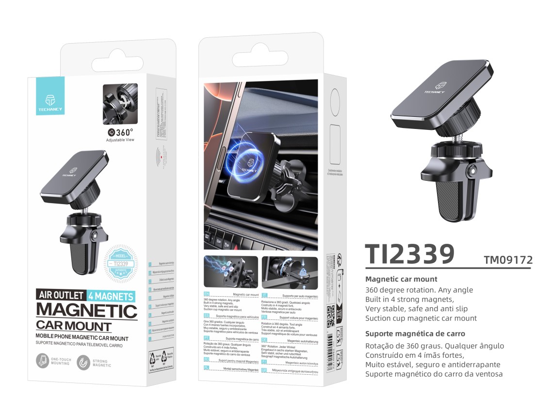 Techancy TI2339 Magnetic Car Mount, 360 Degree Grill Mount, 4 Strong, Stable, Non-Slip Magnets, Blac