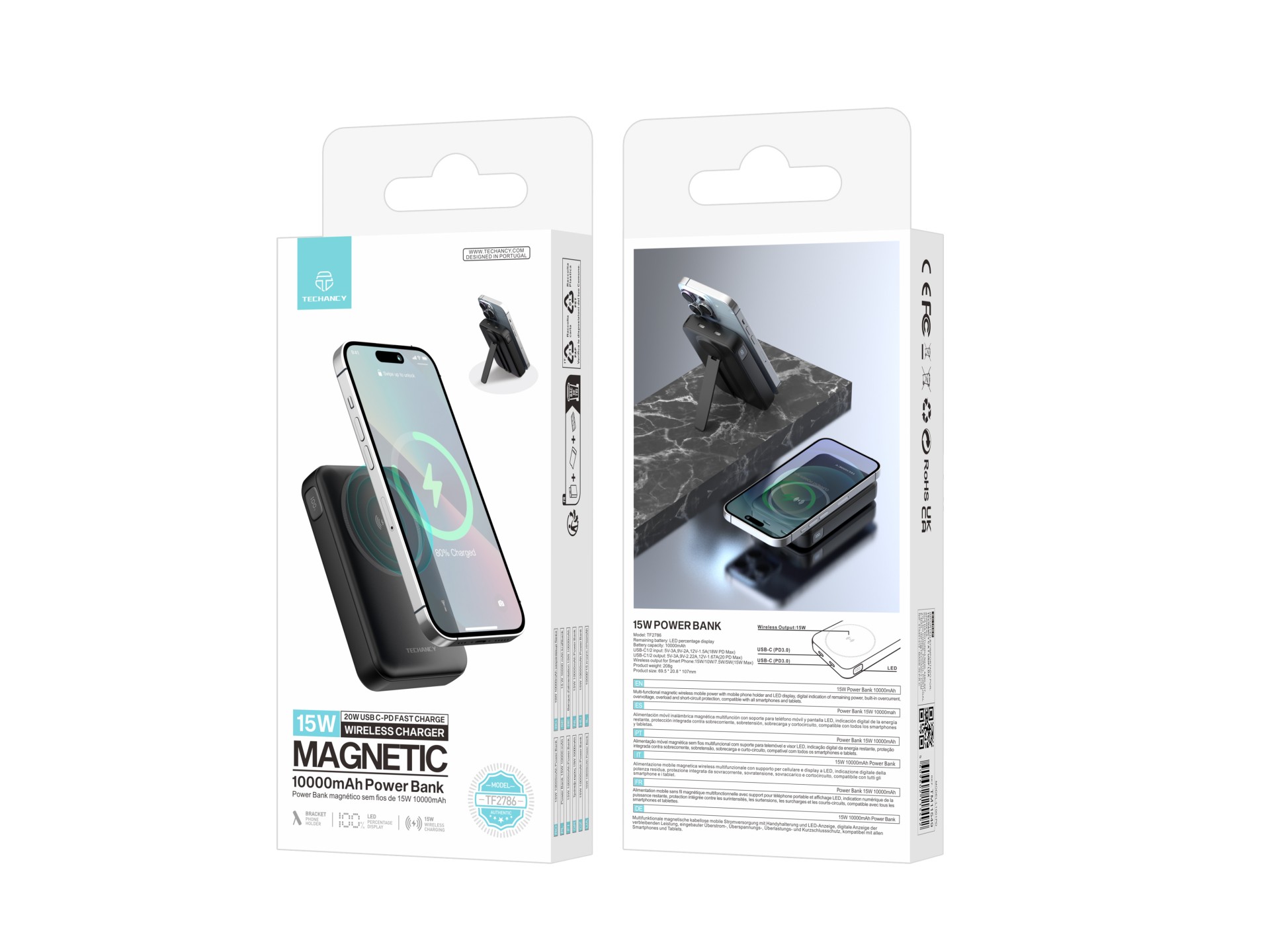 Techancy Power Bank Magnetico TF2786 10000mAh Carregamento Rapido Sem Fios 15W PD 20W Compativel com