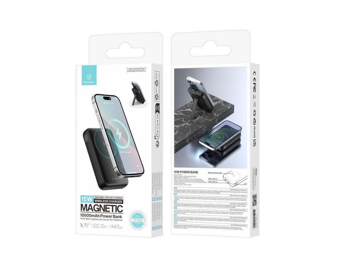 Techancy Power Bank Magnetico TF2786 10000mAh Carregamento Rapido Sem Fios 15W PD 20W Compativel com