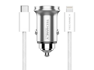 Techancy Mini Carregador TC6426, 33W, USB-A+USB-C, com Cabo USB-C para Lightning de 1m, Liga de Alum
