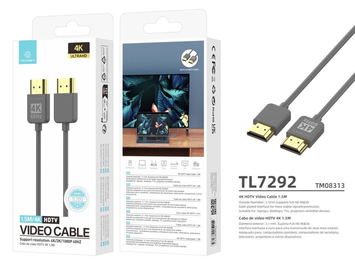 Techancy TL7292 4K HDMI Video Cable, 1.5m, Gray, Supports 4K@60Hz, Ideal for Computers, Televisions 