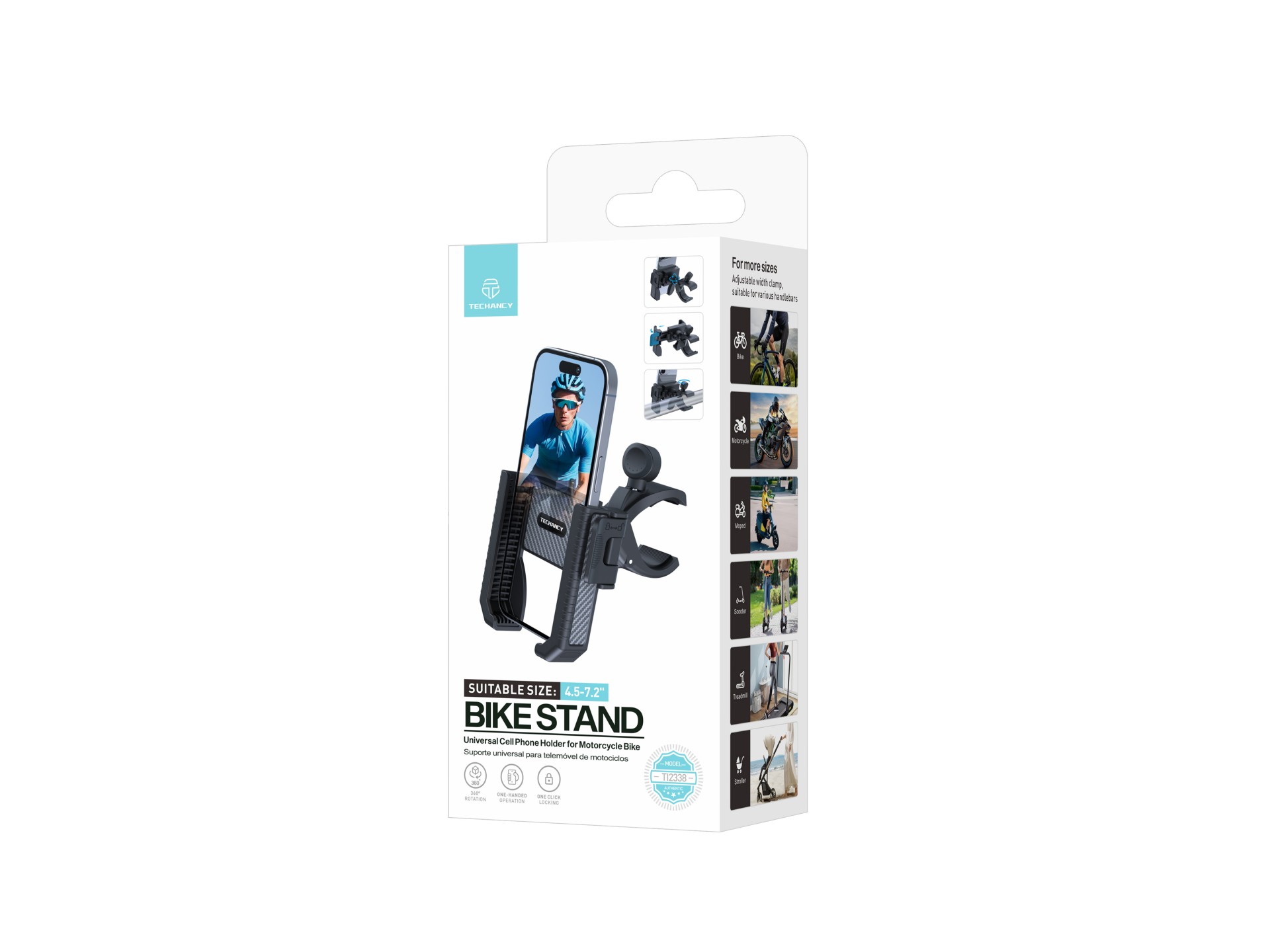 Techancy TI2338 Universal Mobile Phone Holder, Compatible with Bicycle/Motorcycle, 4.5-7.2 Inches, A