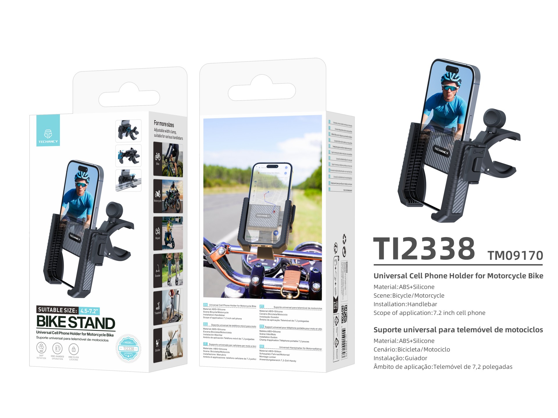 Techancy TI2338 Universal Mobile Phone Holder, Compatible with Bicycle/Motorcycle, 4.5-7.2 Inches, A