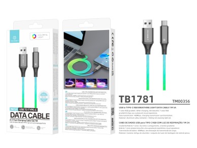Techancy Cabo De Dados De 1 M TB1781, Usb-Tipo C, Efeito De Iluminao Rgb Carregamento Rpido De 5 