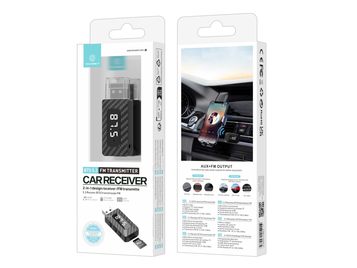 Techancy Recetor/Transmissor Fm Bts 5.3 TQ5907, Suporta Leitura De Cartes Tf, Fonte De Alimentao 