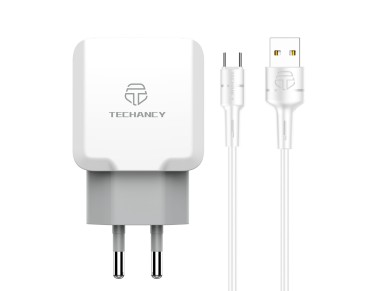 Cargador de pared Techancy de 2,4 A con dos puertos USB, blanco TA2757, con cable USB tipo C de 1 m