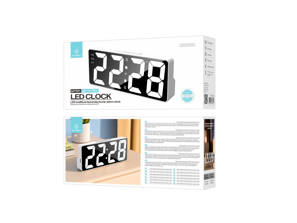 Techancy MC1500 White Multifunction LED Alarm Clock with Clock, Date, Alarm, Temperature Display and