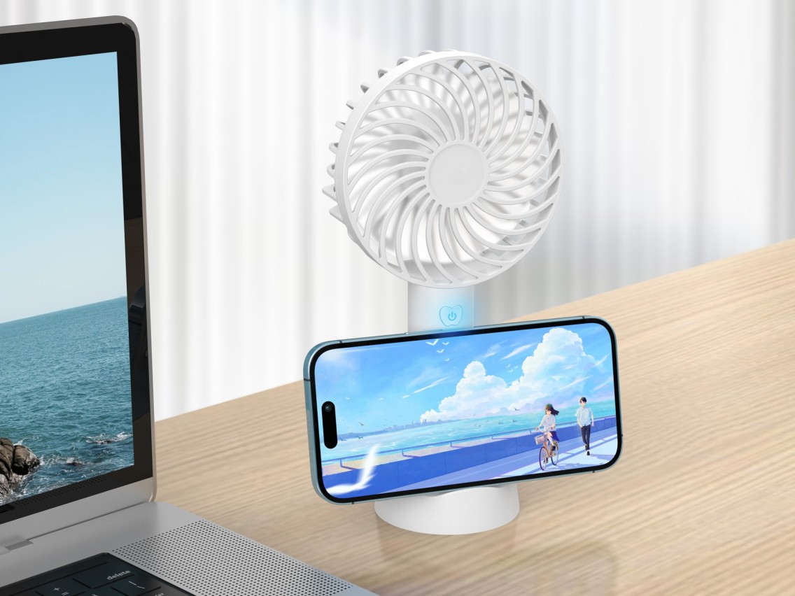 Techancy KL7307 White USB Fan with Fan Holder, Rechargeable Lithium Battery, 3 Speed Modes