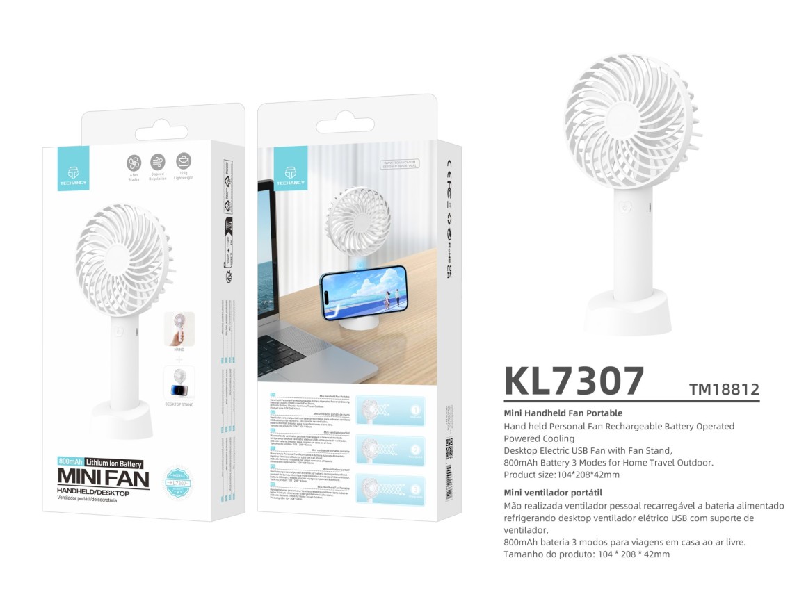 Techancy KL7307 White USB Fan with Fan Holder, Rechargeable Lithium Battery, 3 Speed Modes