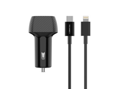 Techancy 48W USB+USB-C PD3.0 Dual Port Car Charger TC6432 with 1m/30W Type-C to Lightning Cable, Bla