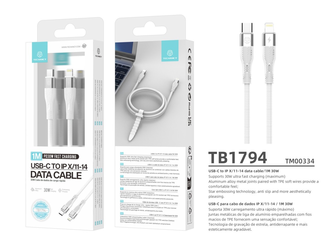 Techancy Fast Charging Cable PD USB C to Lightning White TB1779, 30W Fast Charging, Length 1M