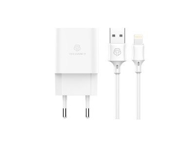 Techancy Carregador De Parede 2usb Branco TA2790, Carregamento 5V-2,4A, Conjunto De Cabos Lightning 
