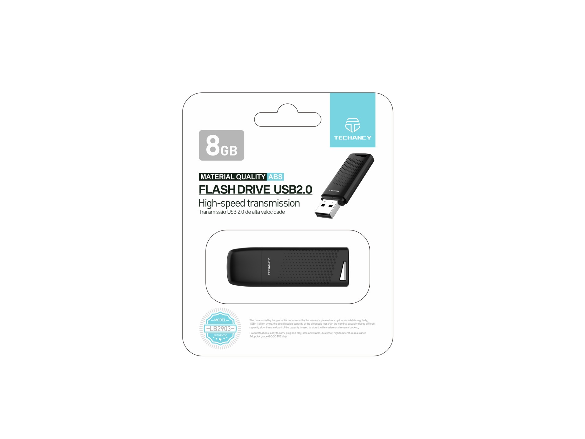 Techancy USB Flash Drive 8GB Preto LB2903, Usb 2.0, Compatível com PC/Mobile/Mac, Armazenamento segu