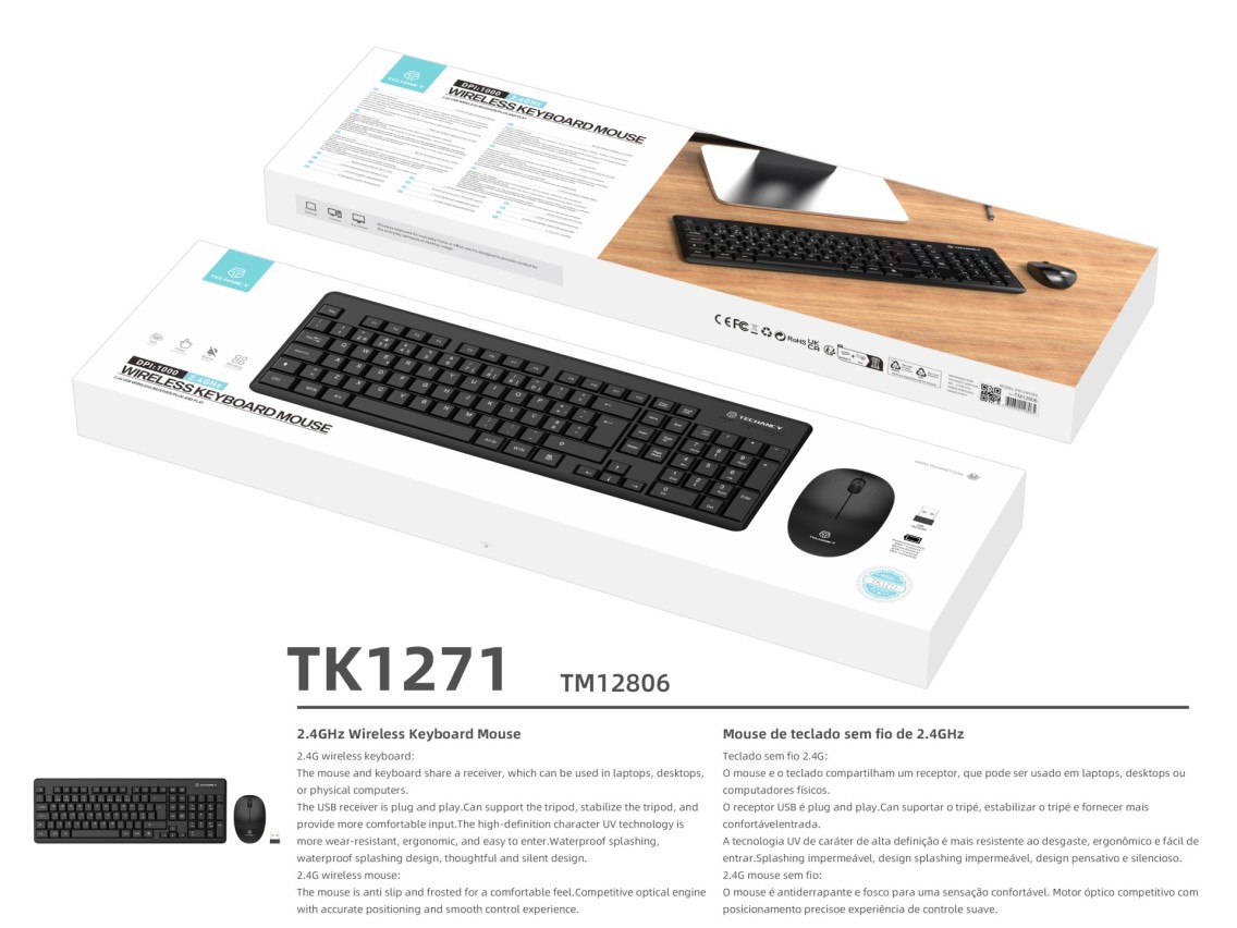 Techancy 2.4g Wireless Keyboard and Mouse Kit Black TK1271, Keys in Portuguese + English, Silent Key