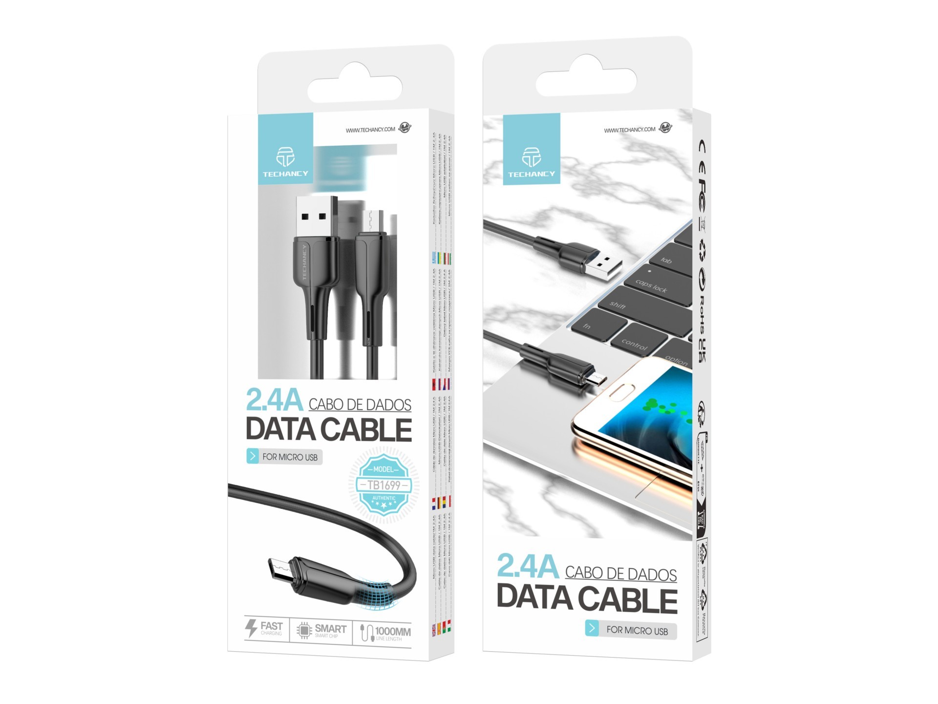 Techancy USB-Micro Data Cable Black 1m TB1699, Fast Charging 2.4A, Supports Data Transfer, PVC Mater