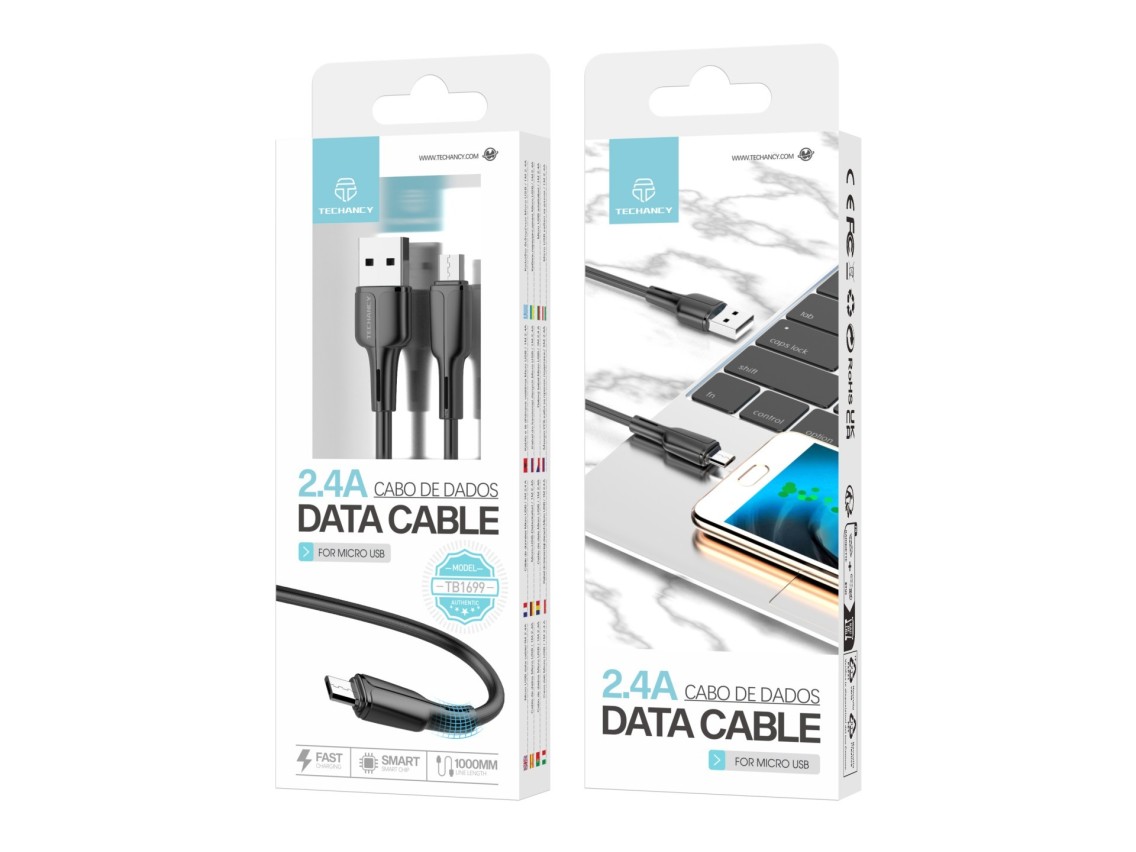 Techancy USB-Micro Data Cable Black 1m TB1699, Fast Charging 2.4A, Supports Data Transfer, PVC Mater