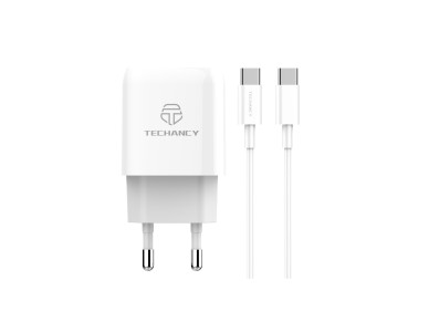 Techancy Carregador Branco 20w TA2802 Com Suporte Pd E Qc3.0 Com Cabo Usb-C Branco De 1m Para Usb-C