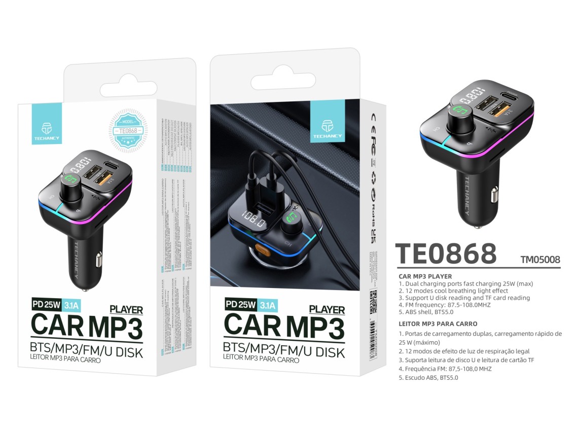Techancy Transmissor Fm Para Automvel  TE0868, Carregamento Rpido Pd De 25 W, Reproduo De Mp3, 7