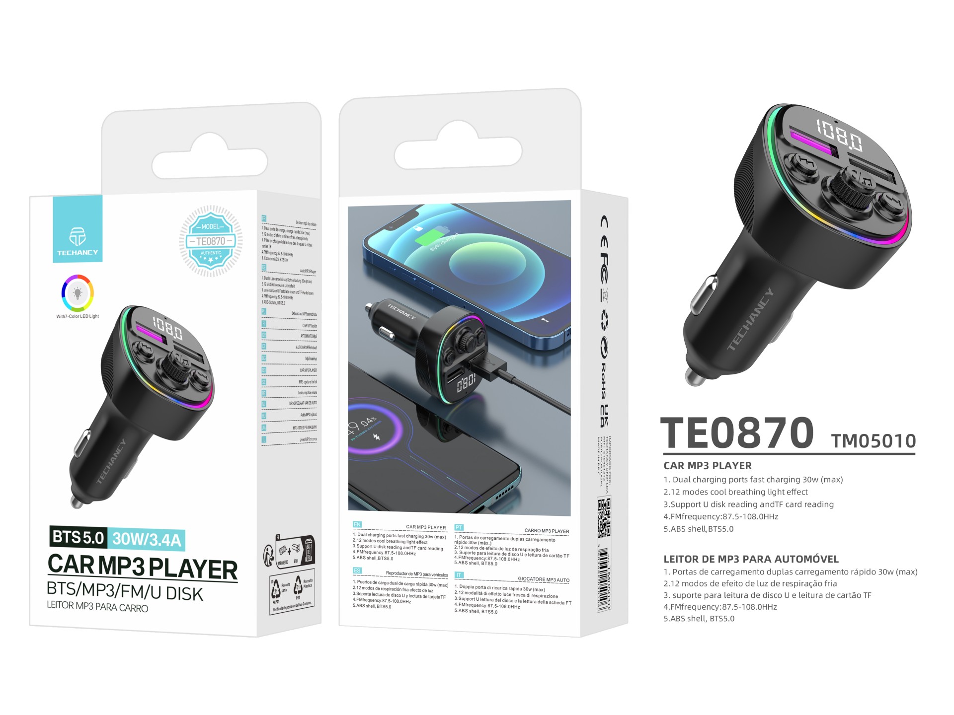 Techancy TE0870 Car FM Transmitter, 30W PD Fast Charging, MP3 Music Playback, 12-24V Input