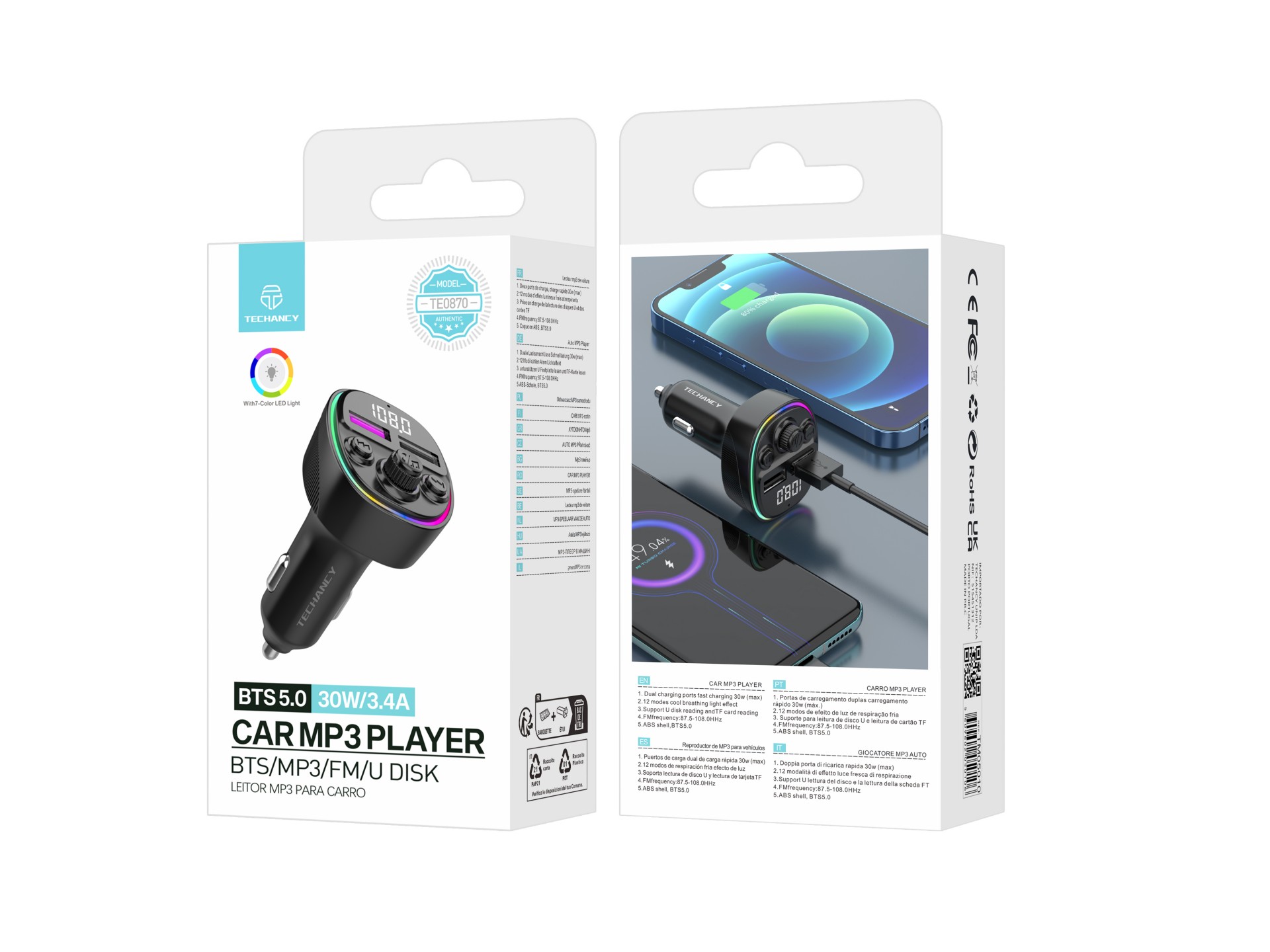 Techancy TE0870 Car FM Transmitter, 30W PD Fast Charging, MP3 Music Playback, 12-24V Input