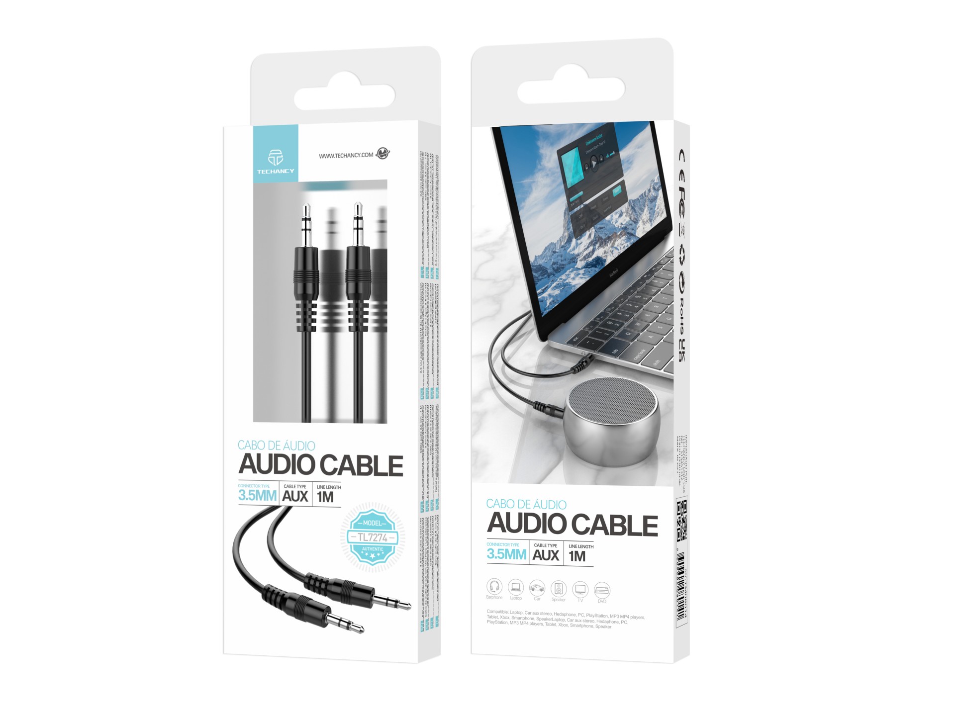 Techancy 3.5mm Audio Cable Black TL7274, 1 Meter, For Speakers, Computers, Cars, Headphones And DVDs