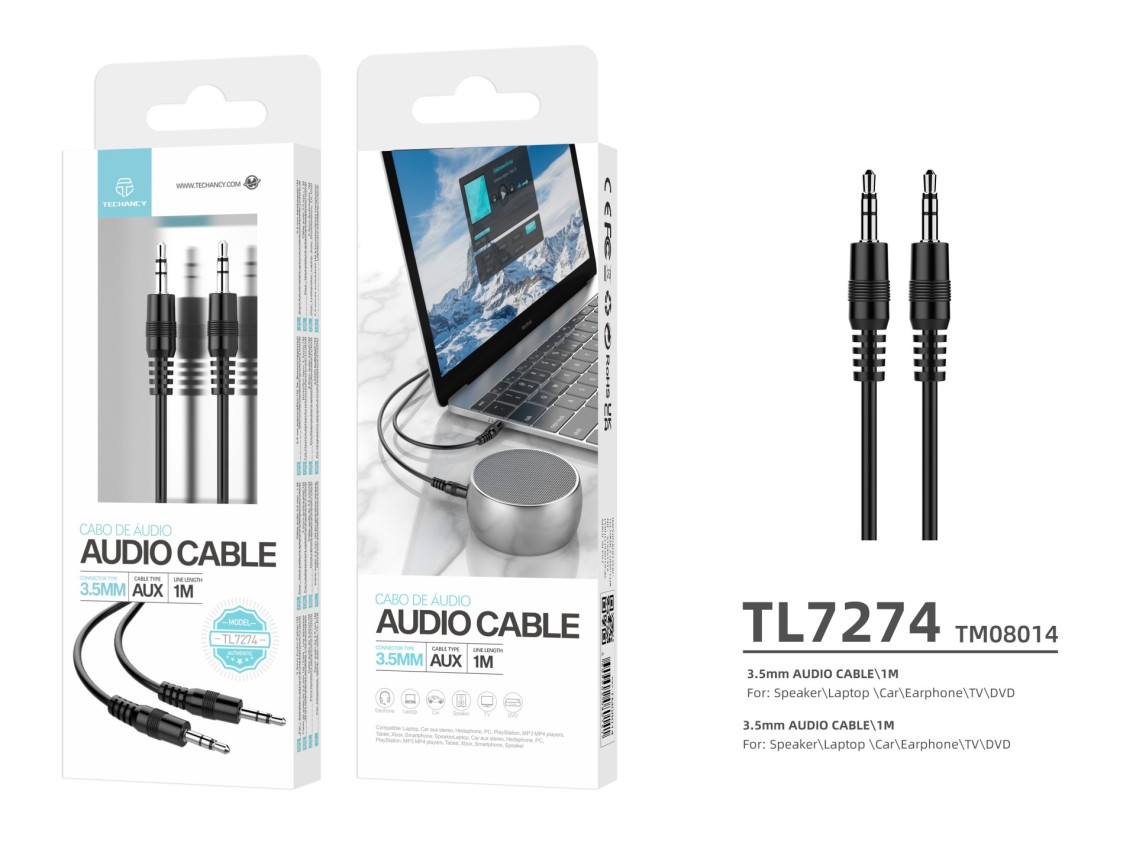 Techancy 3.5mm Audio Cable Black TL7274, 1 Meter, For Speakers, Computers, Cars, Headphones And DVDs