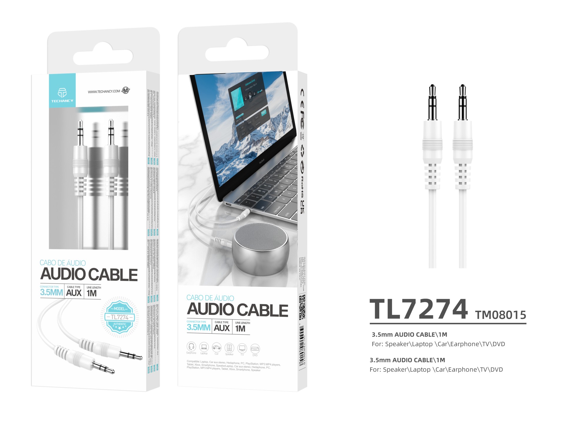 Techancy 3.5mm Audio Cable White TL7274, 1 Meter, For Speakers, Computers, Cars, Headphones And DVDs