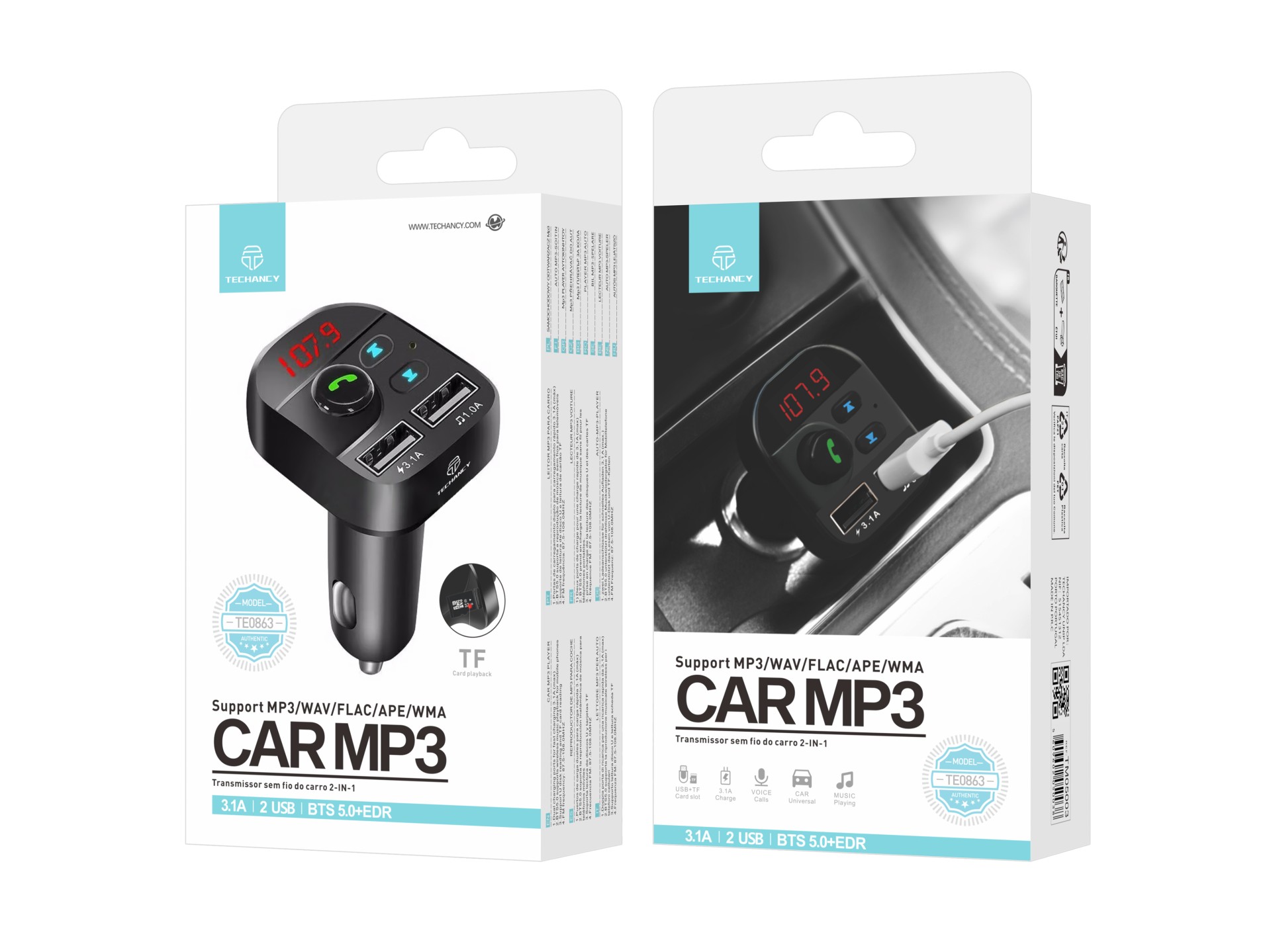 Techancy Leitor Mp3 Para Automóvel Preto TE0863, Carregamento Rápido De 3,1 A, Ligação Fm+Bluetooth,