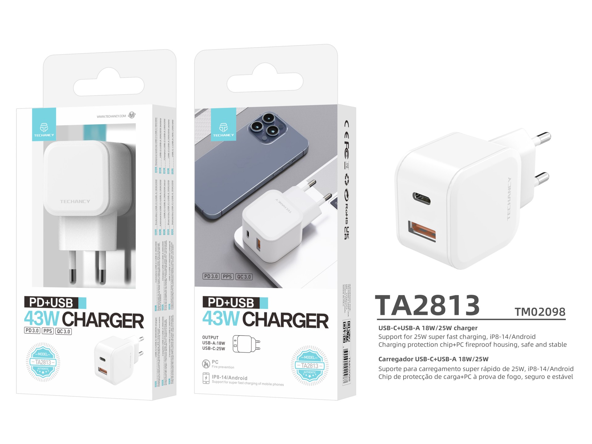 Techancy Carregador Rápido Techancy 43w Branco TA2813, Design Pd+Usb, Compatível Com Ip 8-16 E Dispo