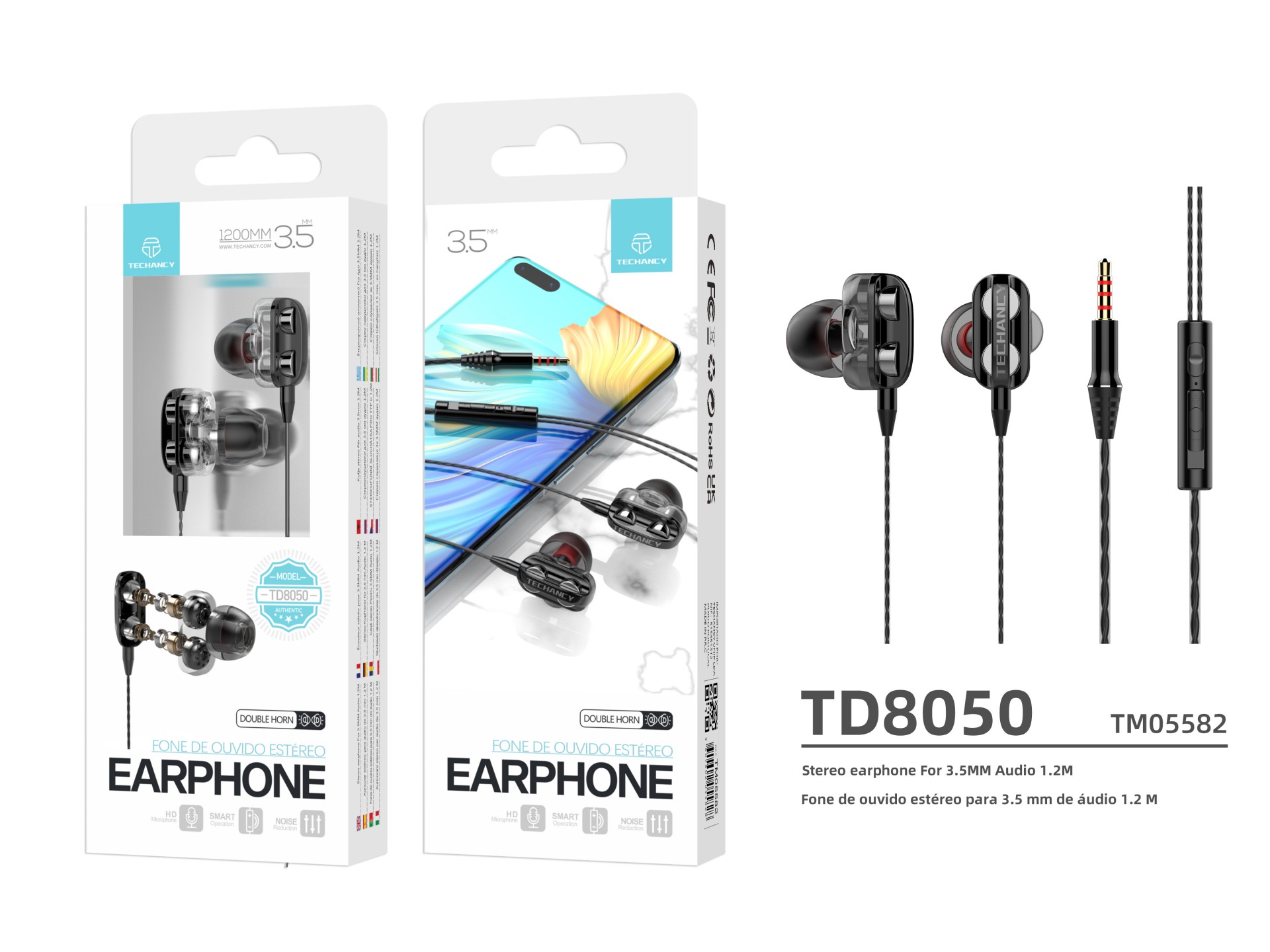 Techancy TD8050 Dual Speaker Stereo Wired Headset Black, 3.5mm Audio Jack, Features 4 Speakers.