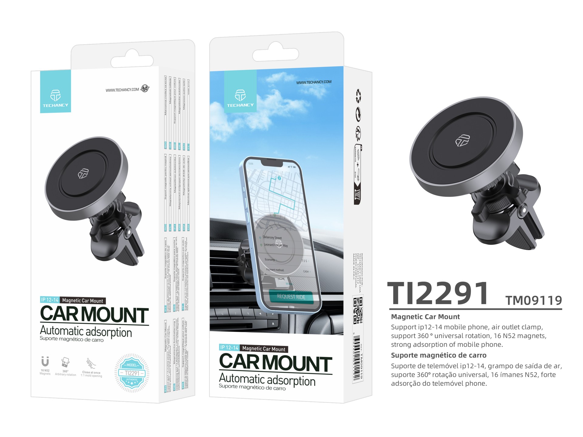 Techancy Suporte Magnético Para Telemóvel Para Automóvel Ti2291, Compatível Com O Ip12-16, Absorção