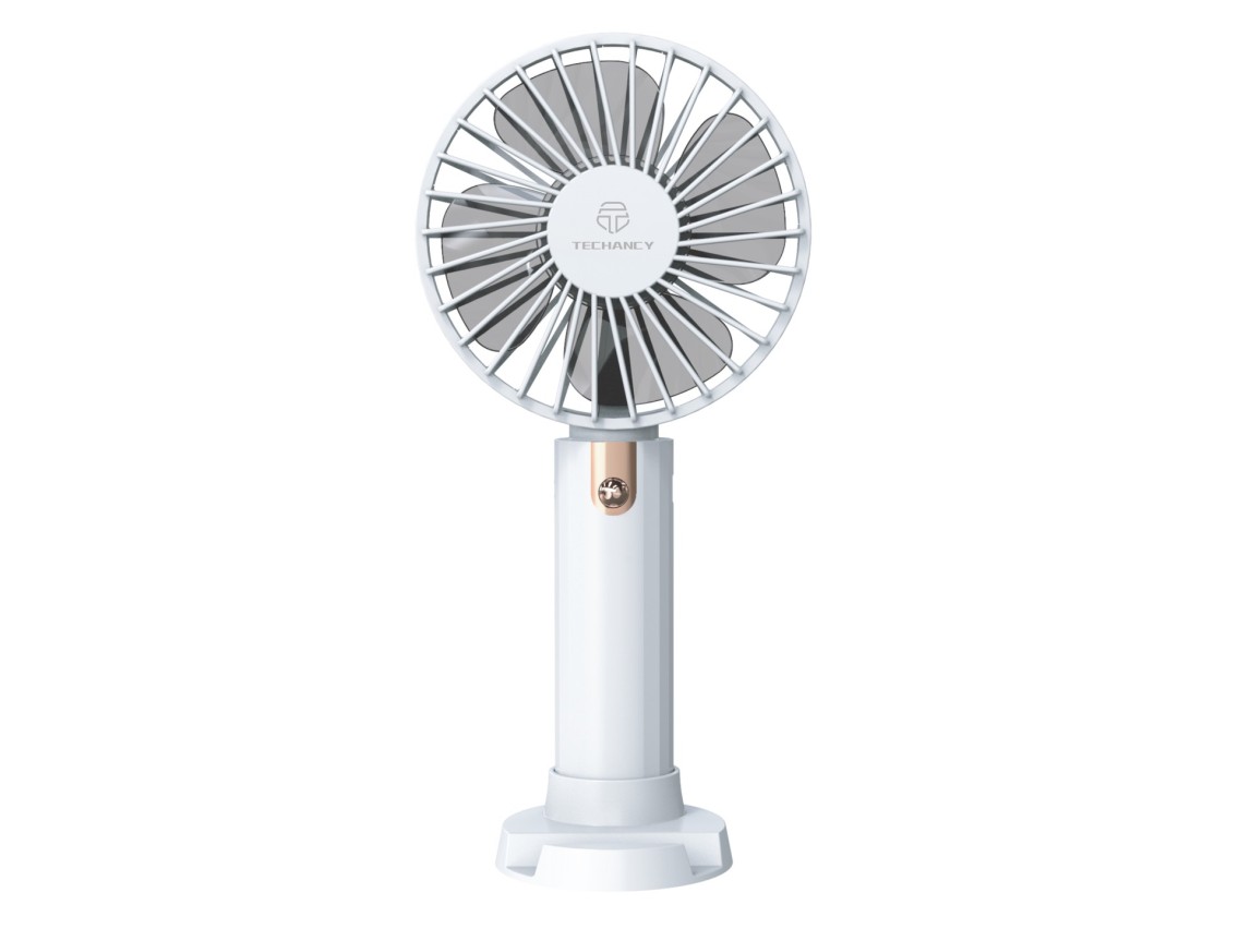 Techancy KL7304 White Handheld Portable Fan, Adjustable to 3 Speeds, with Stand for Use on a Desk