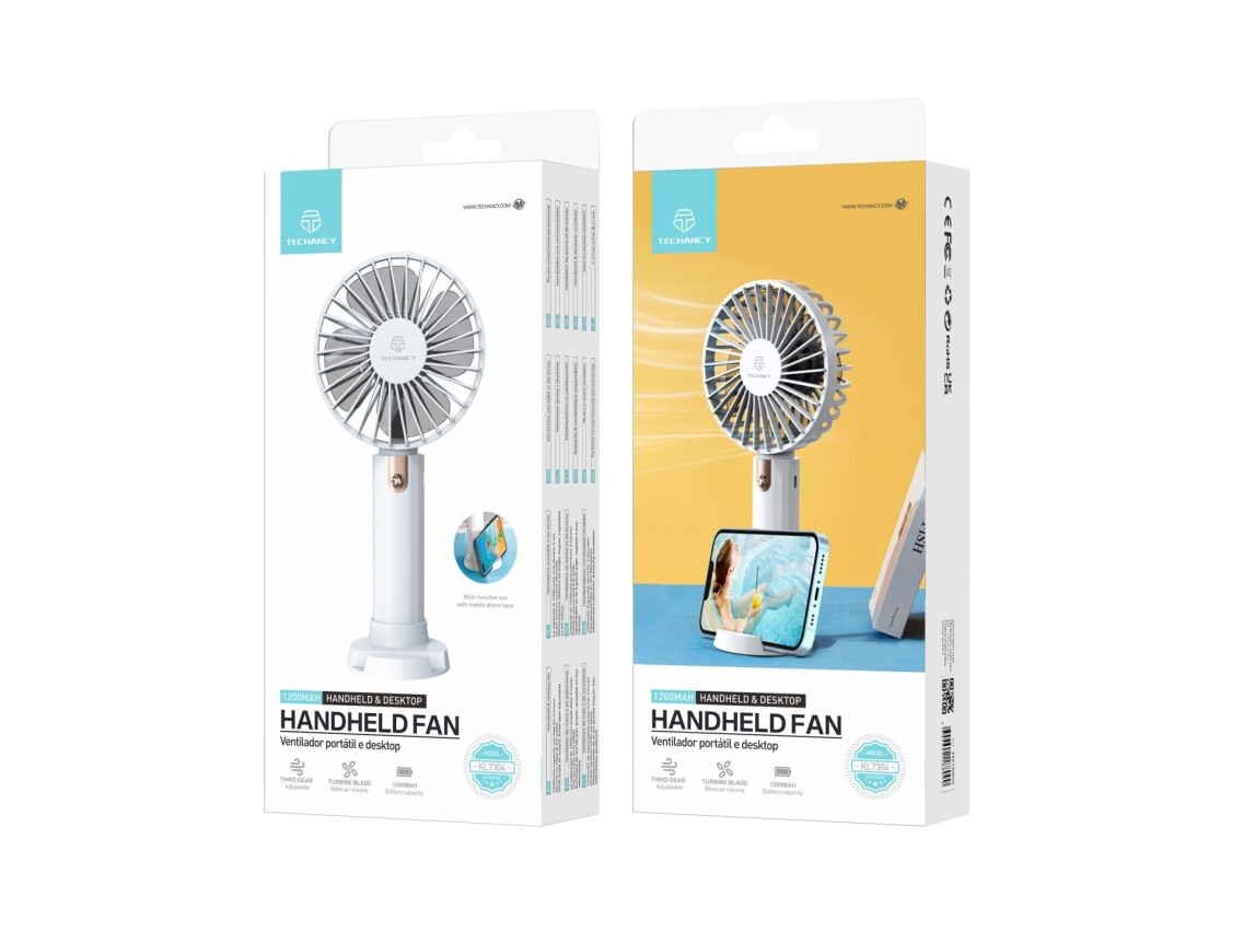 Techancy KL7304 White Handheld Portable Fan, Adjustable to 3 Speeds, with Stand for Use on a Desk