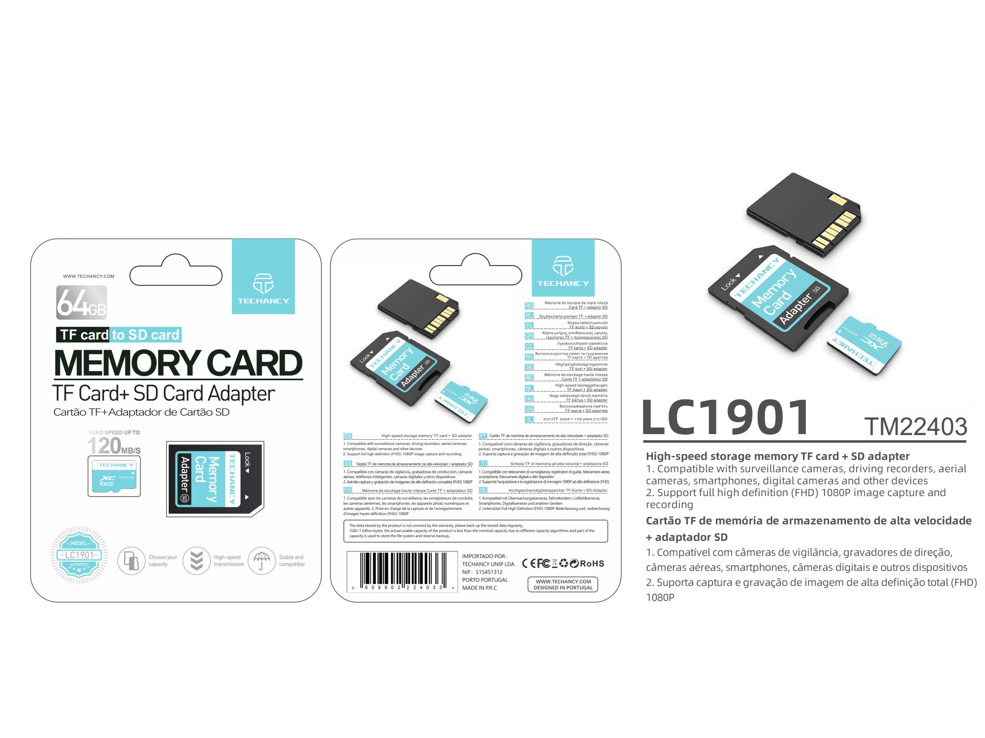 Techancy Cartão De Memória Micro Sd De Alta Velocidade LC1901,64GB Com Adaptador, Compatível Com Tel