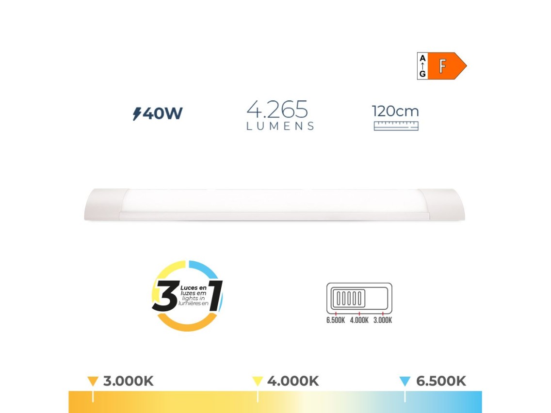 Armadura led 40 w temperatura de luz varivel 6500 k / 4000 k / 3000 k, 3cct, 4265 lm, 120x2,6x7,4cm