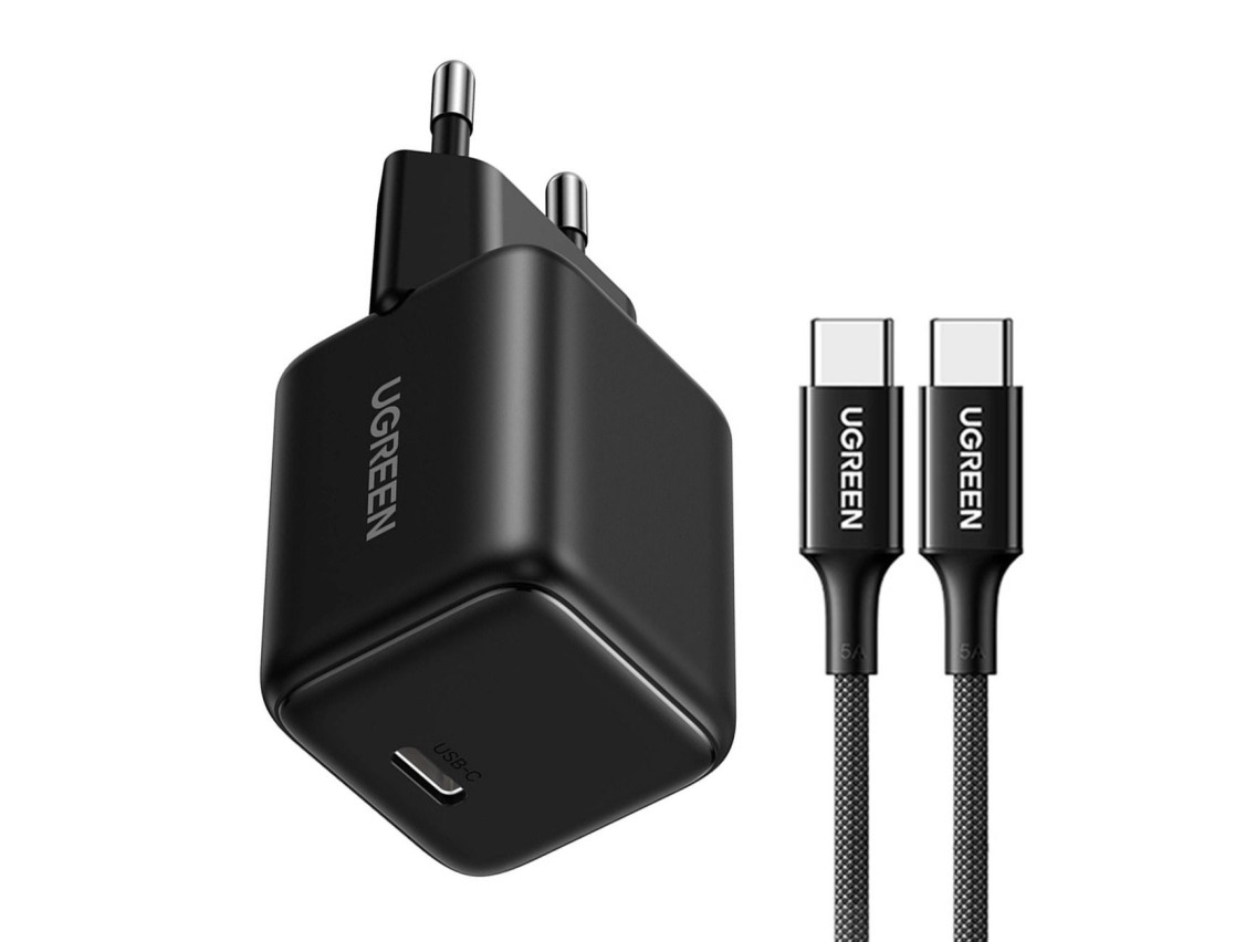 Cargador de pared Ugreen X513 de 30 W GaN con 1 cable USB-C + 1 m de cable USB-C - Negro