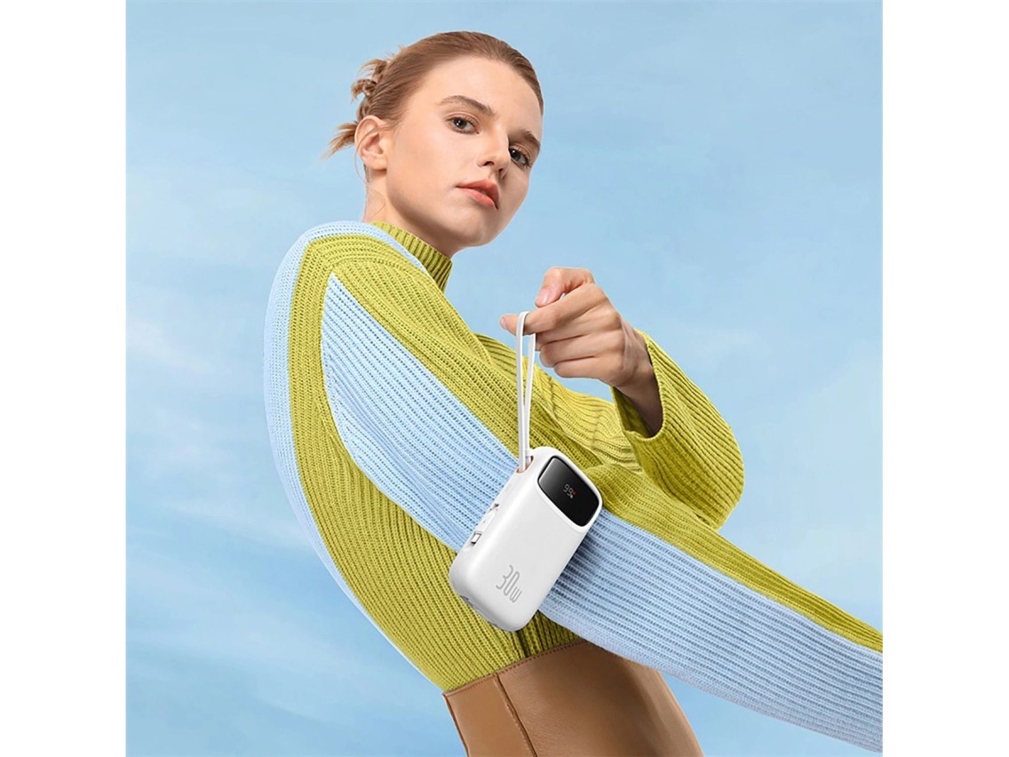 Baseus QPow 2 20000mAh 30W Power Bank with 2 Built-in USB-C Cables - White