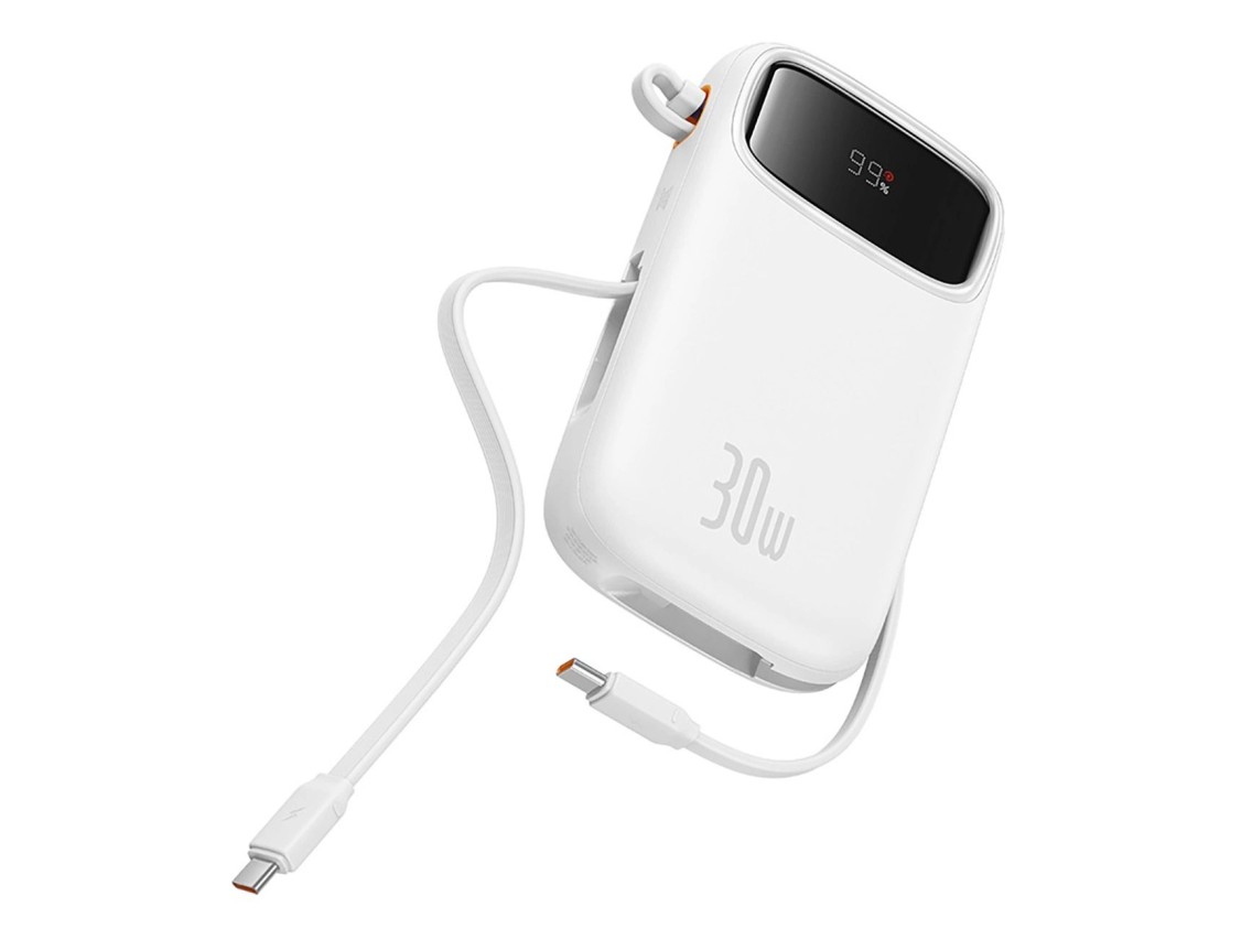Baseus QPow 2 20000mAh 30W Power Bank with 2 Built-in USB-C Cables - White