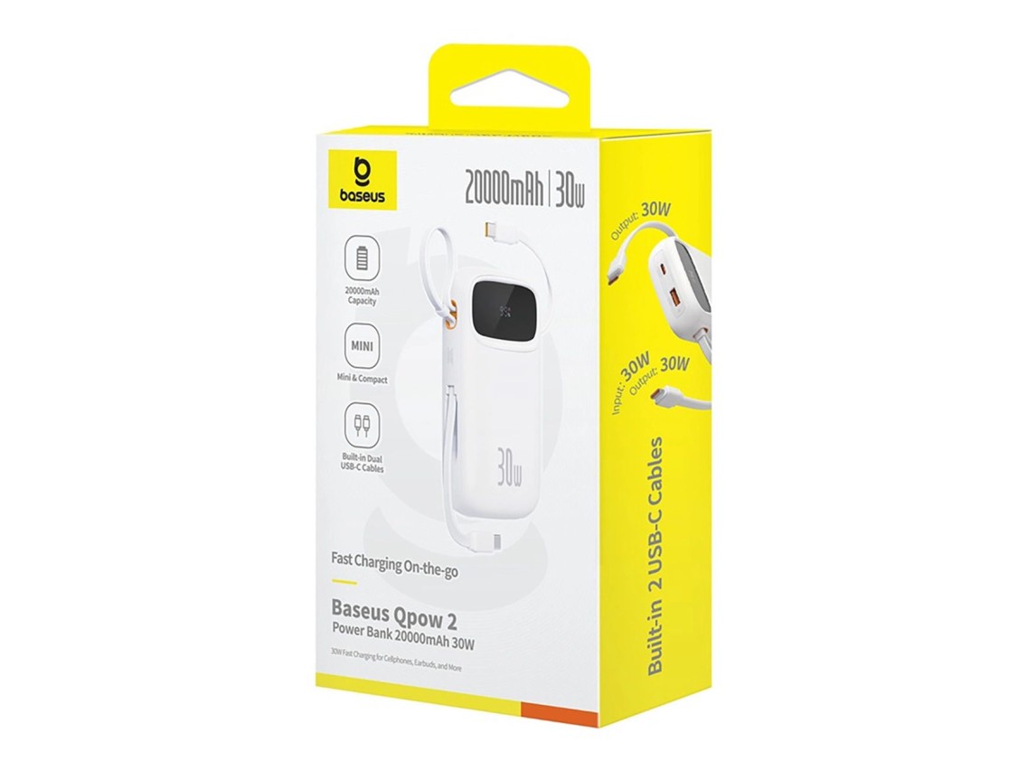 Baseus QPow 2 20000mAh 30W Power Bank with 2 Built-in USB-C Cables - White