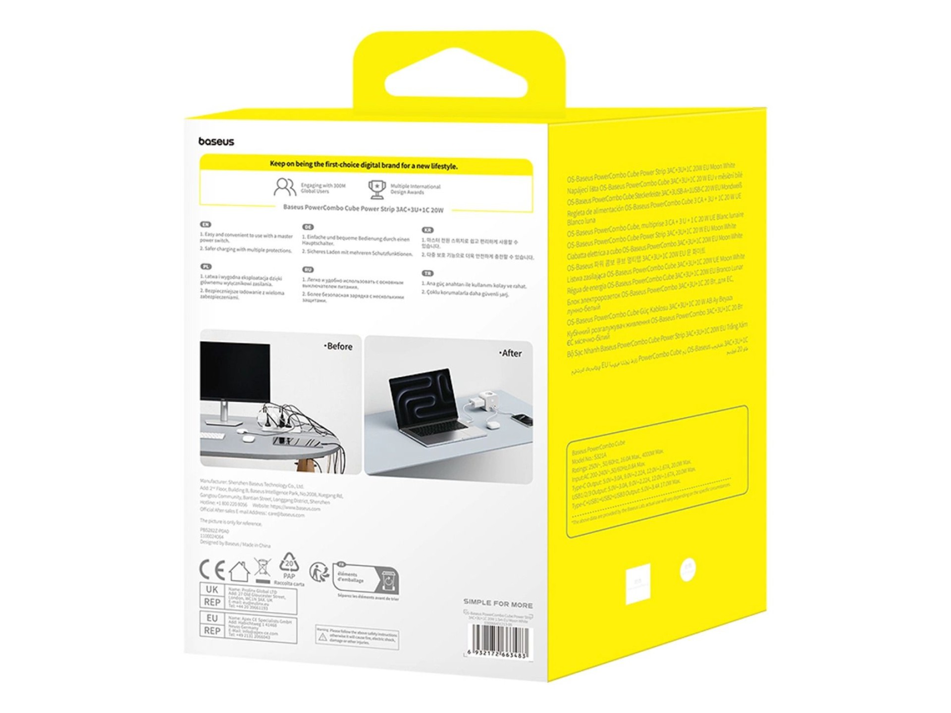 Baseus PowerCombo 7 in 1 Power Strip Cube, 3 AC + 3 x USB-A + 1 x USB-C 20W 1.5 m - white