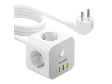 Baseus PowerCombo 7 en 1 - Regleta de enchufes (3 AC, 3 USB-A y 1 USB-C, 20 W, 1,5 m), color blanco