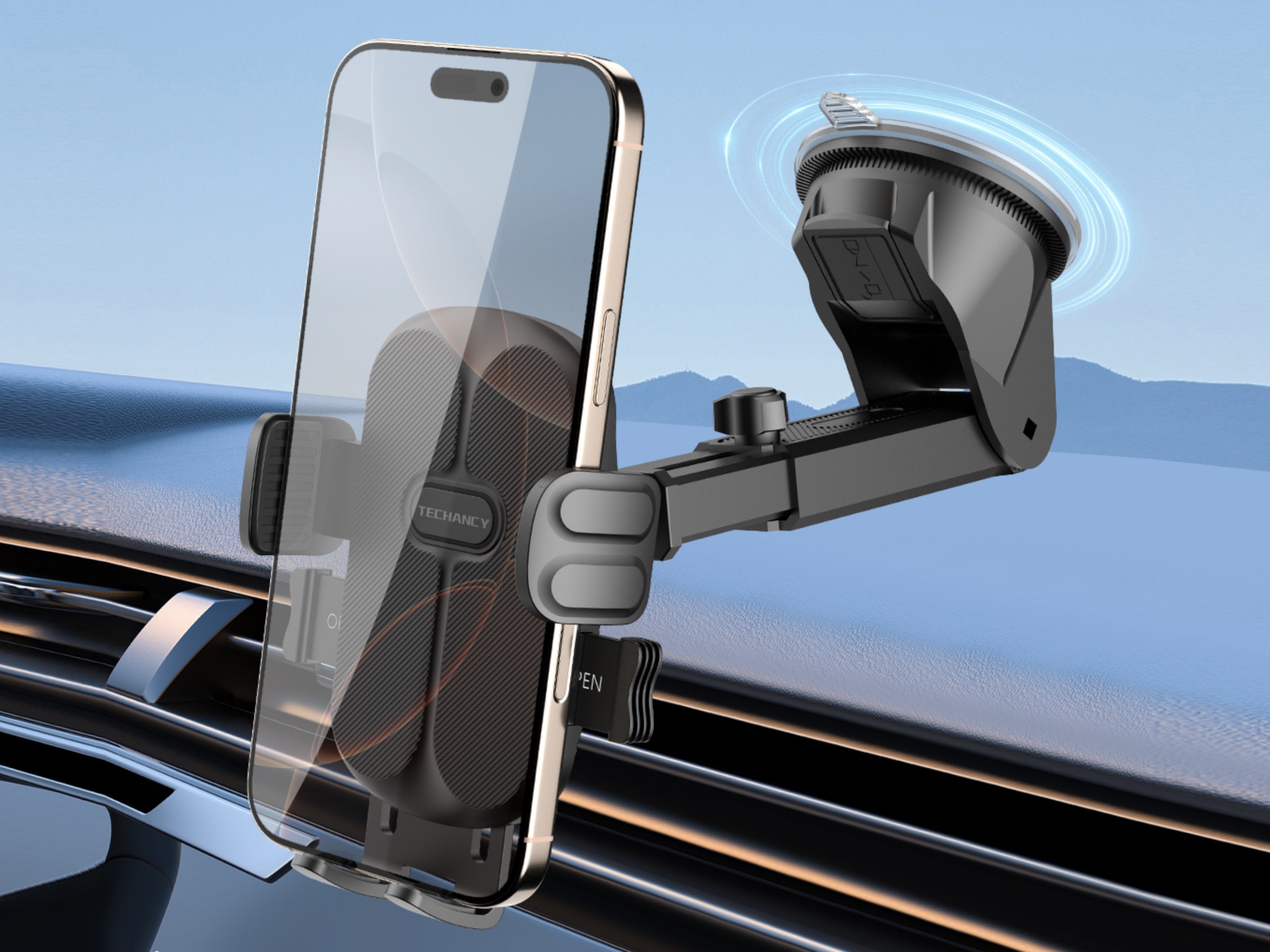 Techancy Car Phone Holder TI2341 Suction Base Automatic Operation Compatible 4.5-7.2 in Black