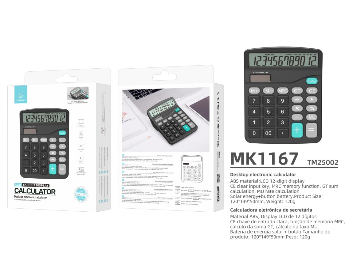 Techancy Desktop Calculator MK1167 12 Digits Dual Energy Function GT/MU ABS TM25002 Black