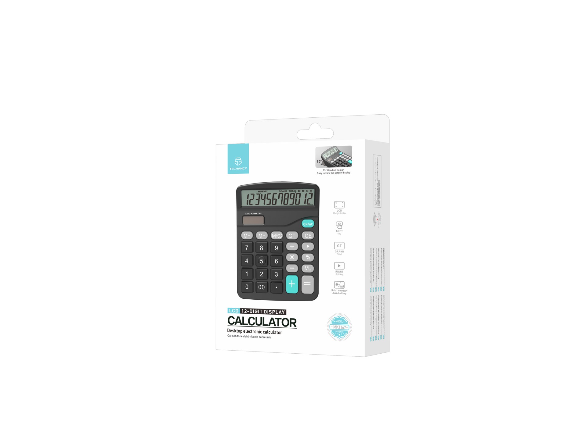 Techancy Desktop Calculator MK1167 12 Digits Dual Energy Function GT/MU ABS TM25002 Black