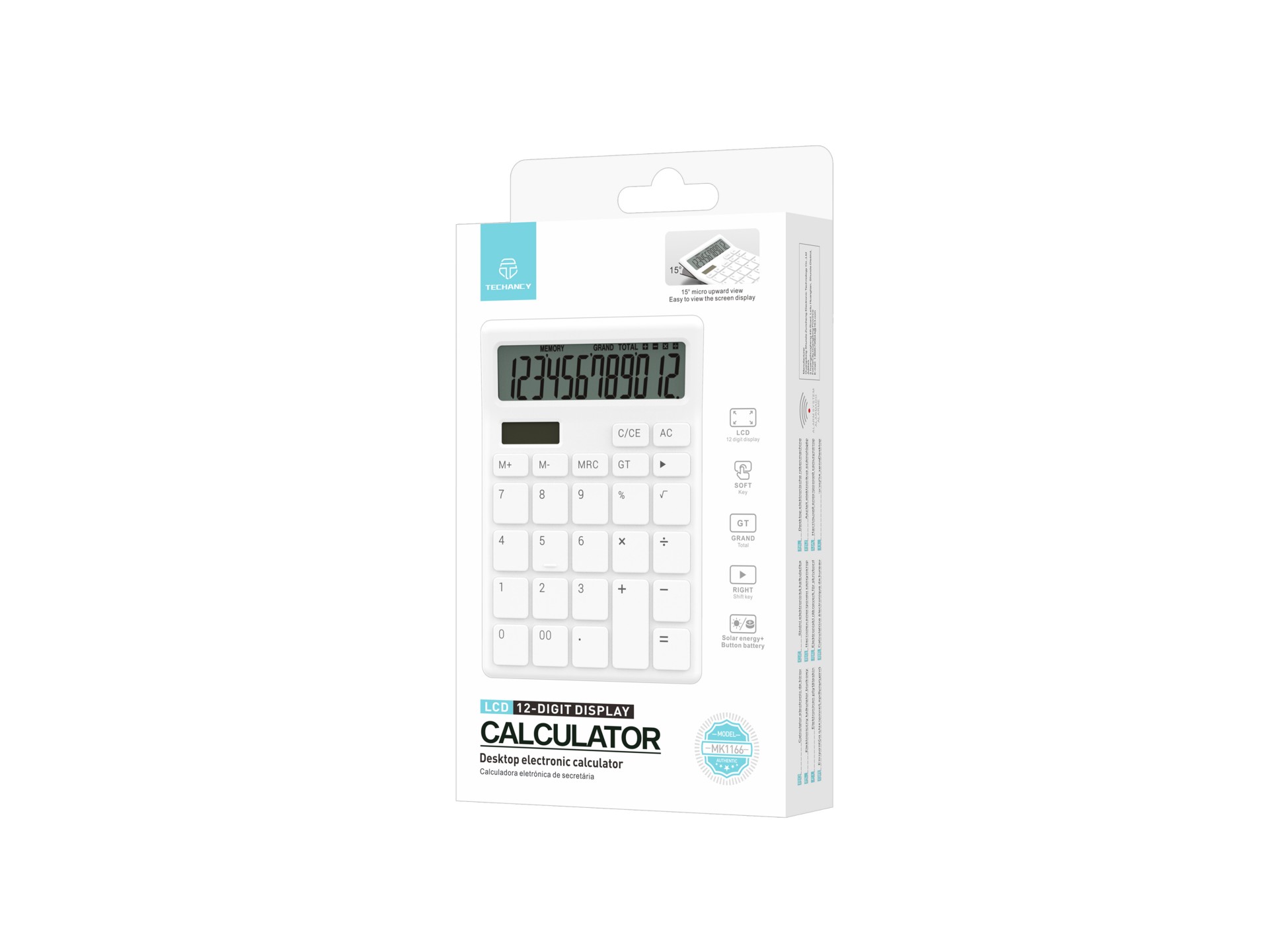 Techancy Calculadora de Mesa MK1166 12 Dígitos Dupla Energia Função GT/MU ABS TM25001 Branco
