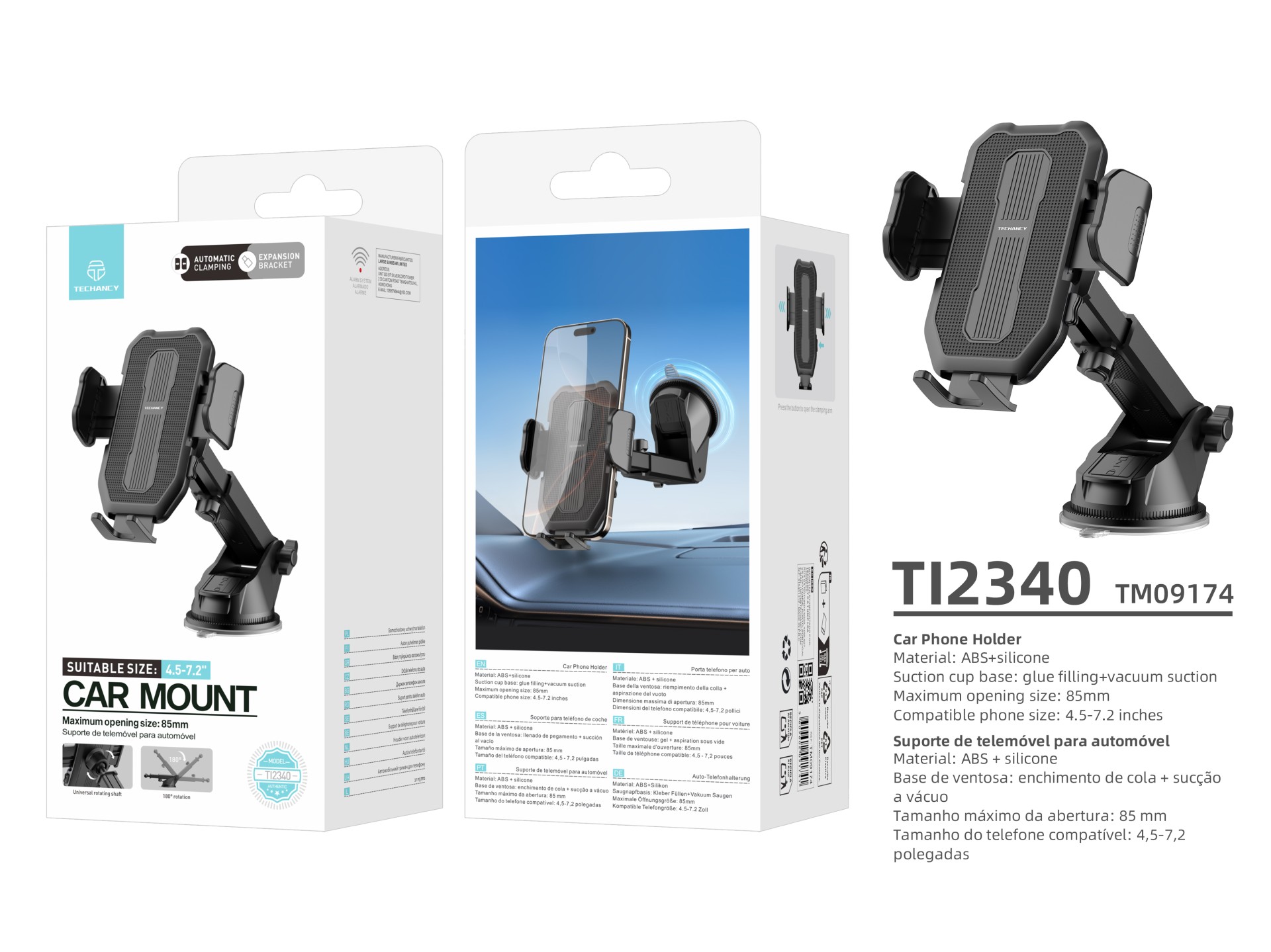 Techancy Car Phone Holder TI2340 Suction Base Compatible with 4.5-7.2 in Black