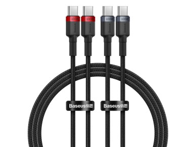 Cable de carga Baseus Cafule USB-C a USB-C 100 W, 2 m, 2 unidades, rojo, negro y gris.